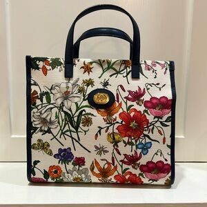 Gucci Flora Canvas Tote with Navy Leather Trim